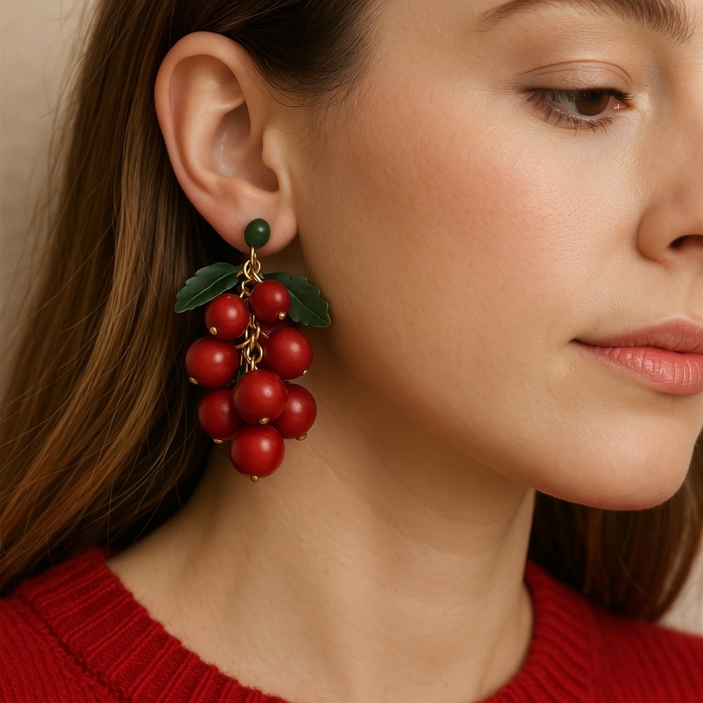 Dangle Earrings Red Berries Green Leaf 2.5” long pierced posts
